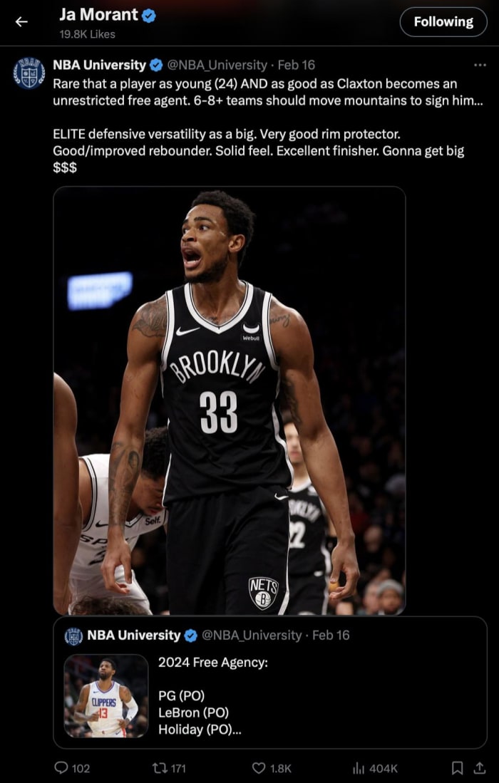 Memphis Grizzlies star Ja Morant likes social media post about Brooklyn Nets center Nicolas Claxton
